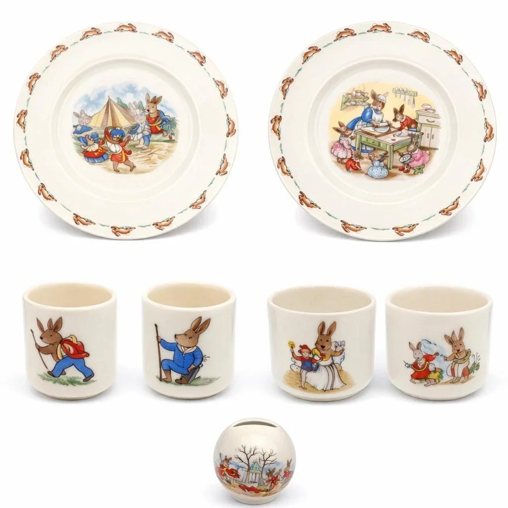 Royal Doulton Bunnykins 7 Pc Lot Plates Cups Mug Coin Bank Vintage